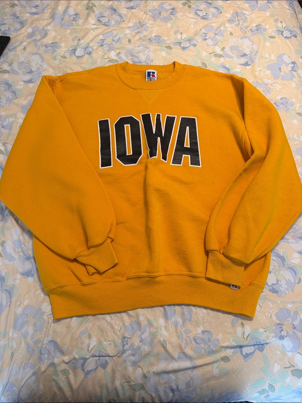 Russell Athletic Gold Crewneck Sweatshirt with Black IOWA Lettering